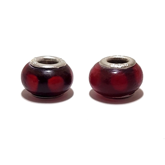 None Jewelry - Pandora Style Murano Glass Bead Spacer 925 Sterling Silver Burgundy Polka Dots